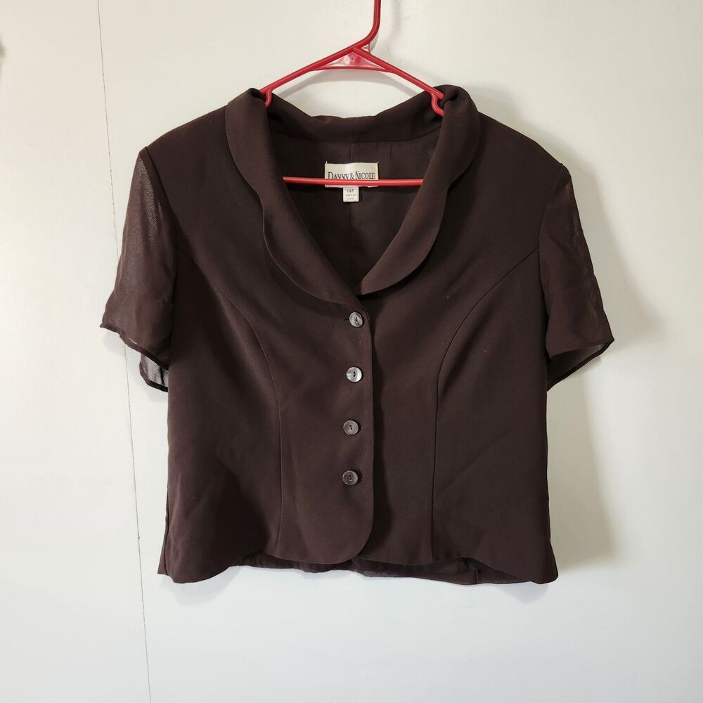 Danny & Nicole Brown Sheer Short Sleeve Button Up Top Collar Size 14P Petite